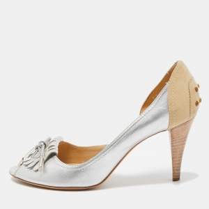 Tod's Silver/Beige Leather and Suede Peep Toe Dosary Pumps Size 37