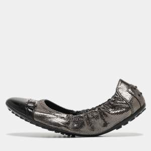 Tod's Sliver/Black Textured Suede and Leather Buckle Detail Scrunch Ballet Flats Size 38