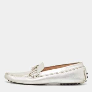 Tod's Silver Leather Crystal Embellished Double T Slip On Loafers Size 36