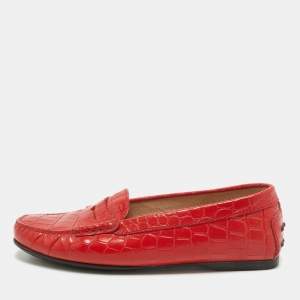 Tod's Red Croc Embossed Leather Penny Slip On Loafers Size 36