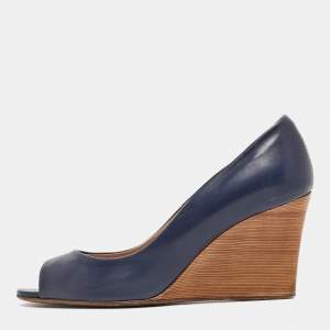 Tod's Navy Blue Leather Peep Toe Wedge Pumps Size 38