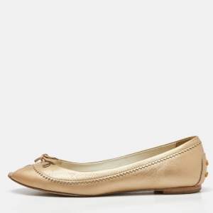 Tod's Beige Leather Bow Peep Toe Ballet Flats Size 37.5