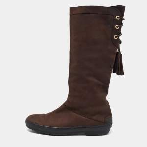 Pre Owned Tod's Brown Nubuck Leather Calf Length Boots Size 40.5