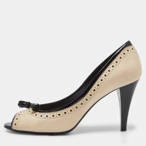 Tod's Cream/Black Brogue Patent and Leather Tassel Peep Toe Pumps Size 39.5