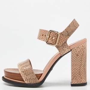 Tod's Brown/Peach Watersnake Leather Block Heel Platform Sandals Size 36