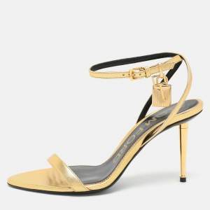 Tom Ford Gold Leather Padlock Ankle Strap Sandals Size 36.5