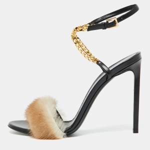 Tom Ford Beige/Black Mink Fur and Leather Ankle Strap Sandals Size 41