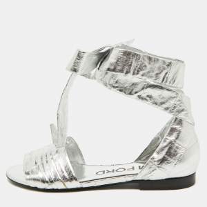 Tom Ford Silver Laminated Leather Ankle Wrap Flat Sandals Size 38