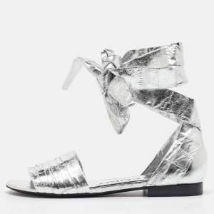 Tom Ford Silver Laminated Leather Ankle Wrap Flat Sandals Size 37