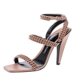 Tom Ford Beige Leather Chain Embellished Ankle Strap Open Toe Sandals Size 39.5