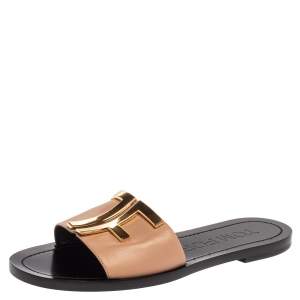 Tom Ford Beige/Black Leather TF Slide Sandals Size 38