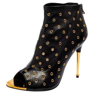 Tom Ford Black Leather Grommet Open Toe Ankle Boots Size 38.5
