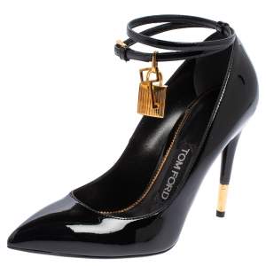 Tom Ford Black Patent Leather Padlock Ankle Wrap Pointed Toe Pumps Size 37