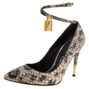 Tom Ford Grey/Black Python Leather Padlock Ankle Wrap Pointed Toe Pumps Size 36