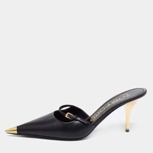 Tom Ford Black Leather Metal Pointed Cap Toe Mary Jane Mules Size 39