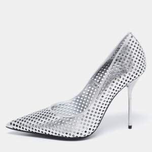 Tom Ford Metallic Silver Perforated Leather Pointed Toe Pumps Size 38
