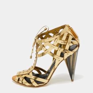 Tom Ford  Gold Leather Cutout Peep Toe Booties Size 39