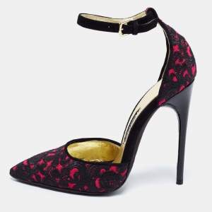 Tom Ford Black/Pink Embroidered Suede D'Orsay  Ankle Strap Pumps Size 38