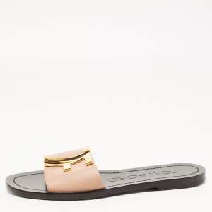 Tom Ford Pink Leather TF Logo Flat Slides Size 38
