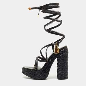 Tom Ford Black Raffia and Leather Ankle Strap Sandals Size 38