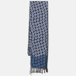 Tom Ford Blue Floral Print Silk Fringed Scarf 