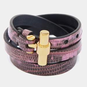 Tom Ford Purple Lizard Embossed Leather Gold Tone T Buckle Wrap Bracelet