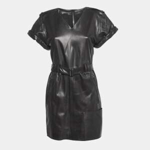 Tom Ford Black Leather V-Neck Belted Mini Dress M