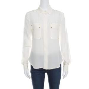 Tom Ford Cream Embellished Silk Epaulette Detail Long Sleeve Blouse S