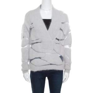 Tom Ford Grey Patterned Mesh Insert Angora V Neck Pullover XS