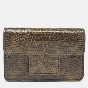 Tom Ford Green Ostrich Leg Leather Flap Card Holder