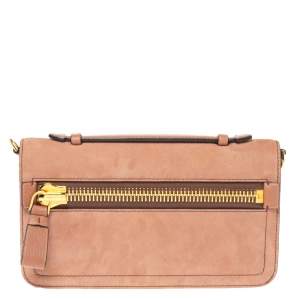 Tom Ford Nude Pink Suede Zip Detail Flap Clutch Bag