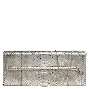 Tom Ford Metallic Silver Python Leather Frame Chain Clutch