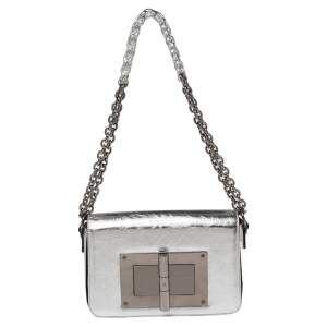 Pre Owned Tom Ford Metallic Silver Crackled Leather Natalia Shoulder Bag