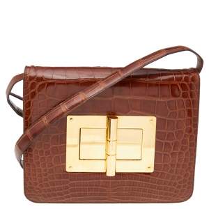 Pre Owned Tom Ford Brown Croc Embossed Leather Large Natalia Shoulder Bag