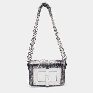 Pre Owned Tom Ford Metallic Silver Python Mini Chain Natalia Shoulder Bag
