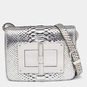 Pre Owned Tom Ford Metallic Silver Python Leather Small Natalia Crossbody Bag