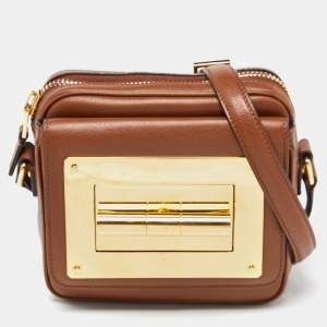 Tom Ford Brown Leather Twist Lock Zip Crossbody Bag