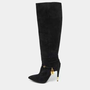 Tom Ford Black Suede Lock Strap Knee Length Boots Size 39