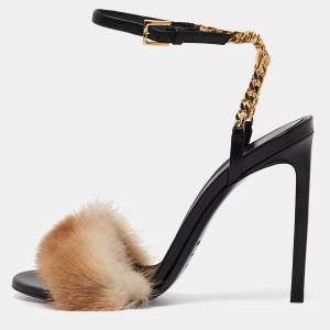 Tom Ford Beige/Black Fur and Leather Ankle Strap Sandals Size 37.5