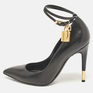 Tom Ford Black Leather Padlock Ankle Wrap Pumps Size 37