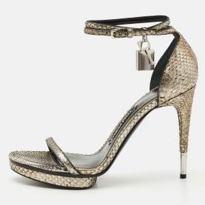 Tom Ford Silver Python Leather Padlock Ankle Strap Sandals Size 39