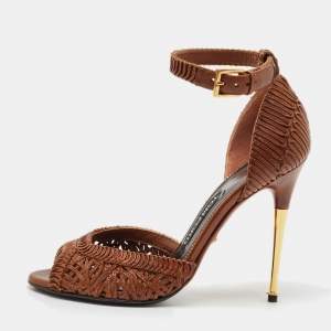 Tom Ford Brown Braided Leather Ankle Strap Sandals Size 37