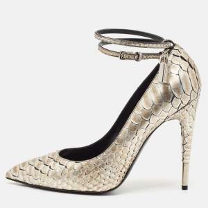 Tom Ford Gold Python Leather Padlock Ankle Strap Pointed Toe Pumps Size 41