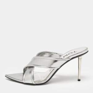 Tom Ford Silver Leather Crisscross Slide Sandals Size 38