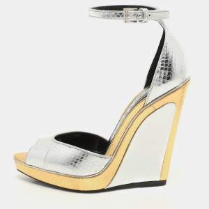Tom Ford Silver/Gold Python Embossed Leather Trompe L'oeil Wedge Pumps Size 36