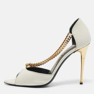 Tom Ford White Leather Chain Detail Open Toe Pumps Size 38