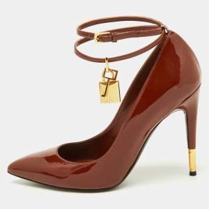 Tom Ford Brown Patent Leather Padlock Ankle Wrap Pumps Size 38