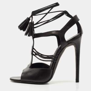 Tom Ford Black Paneled Leather Ankle Strap Sandals Size 37.5