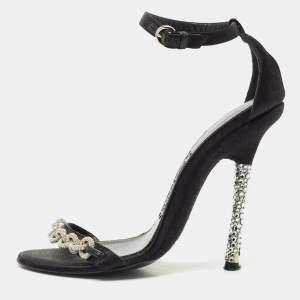 Tom Ford Black Satin Crystal Embellished Heel Ankle Strap Sandals Size 37