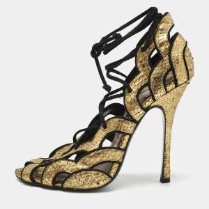 Tom Ford Black/Gold Faux Snakeskin Leather Ankle Strap Sandals Size 39.5